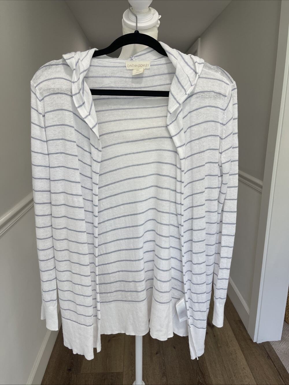 Cynthia Rowley Linen Blend Hooded Open Front Cardigan Striped White/Blue Sz S